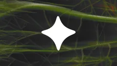 Weißes vierzackiges KI-Symbol von Ecosia vor grünen Pflanzenwurzeln auf dunklem Grund